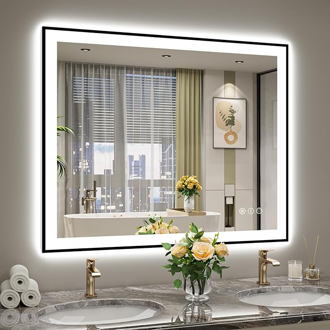 YEELAIT 44x36 Inch LED Bathroom Mirror with Lights (Front Lit and Backlit) Black Framed Lighted Vanity Mirror for Bathroom Wall Dimmable Anti-Fog Memory Tempered Glass Horizontal/Vertical