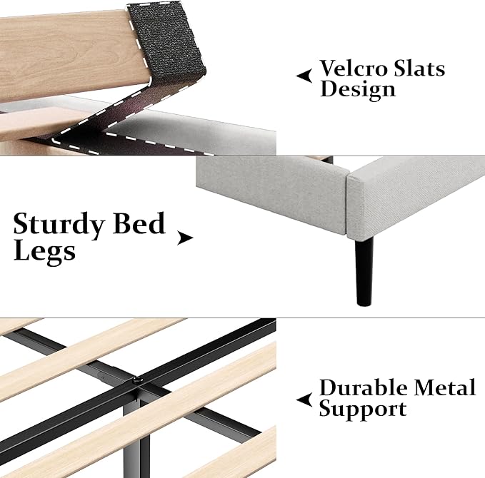 Queen Size Bed Frame with Upholstered Wingback Headboard, Easy Assemnly Platform Bed, Wooden Slat Support No Box Spring Needed, Sand