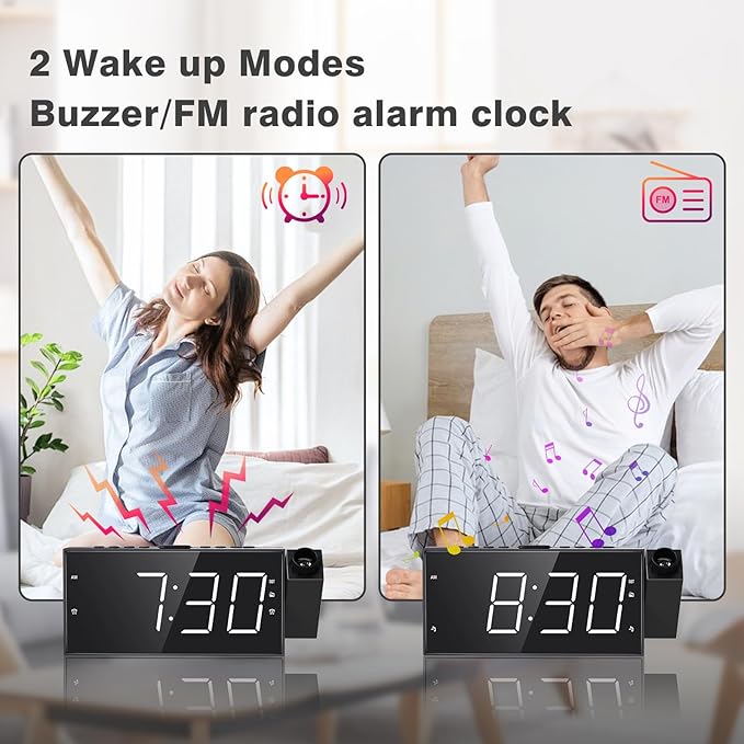 Mesqool Projection Alarm Clock with FM Radio,Large Number Display & Dimmer,USB Charger,Sleep Timer,Battery Backup,Dual Alarms,Clock Radio for Bedroom Heavy Sleepers