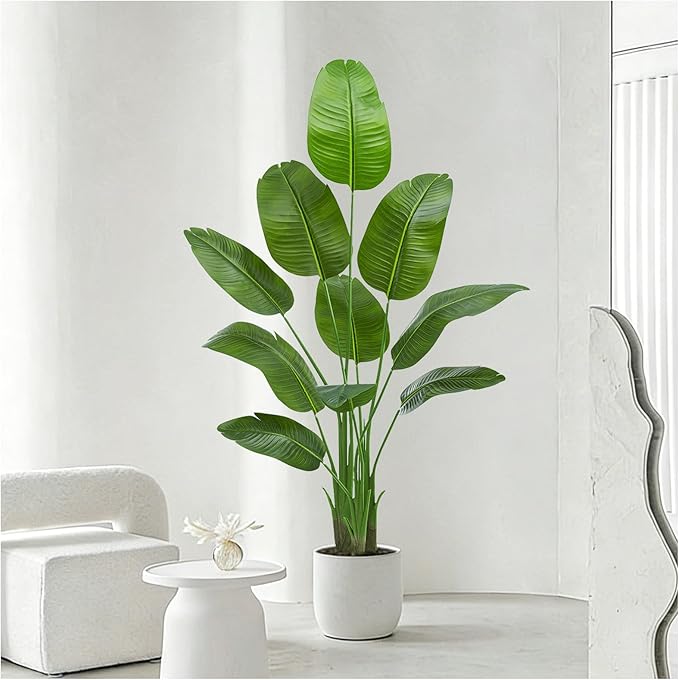 Artificial Bird of Paradise Plant: 6FT Faux Traveler's Palm Fake Banana Tree Elephant Ear Leaf Tall Silk Floor Plant in White Pot for Home Decor Indoor Office Entryway Balcony Patio Cafe Hotel
