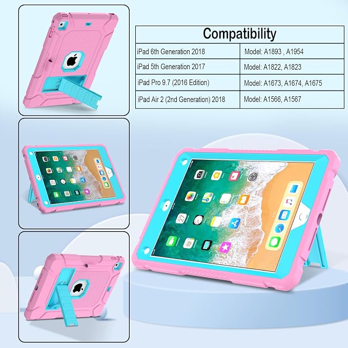LTROP Case for iPad 6th 5th Generation (9.7 inch 2018/2017) Shockproof Protective iPad 9.7 Case with Built-in Stand/Pencil Holder for iPad 6th/5th Gen Air 2 Black