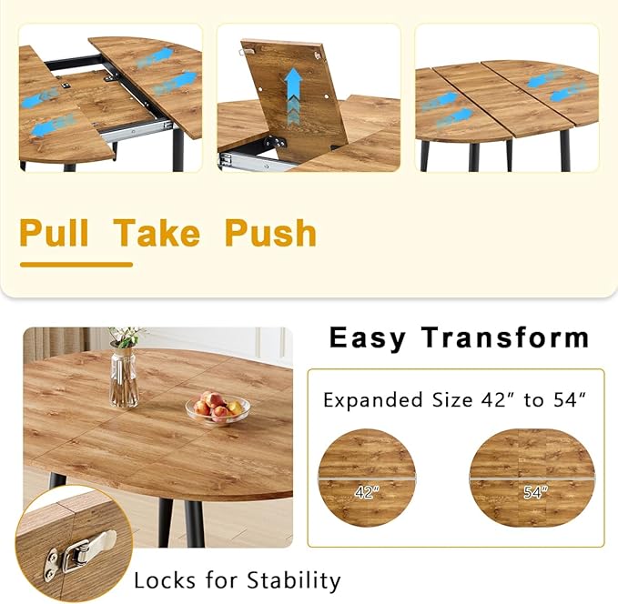42"-54" Extendable Dining Table Set for 4, Round Dining Table Set for 4, 0.73" Thick Wood Tabletop with Smooth Edge, Black Metal Leg with Non-Slip Footmat, 4 Soft PU Chairs, for Kitchen, Small Space
