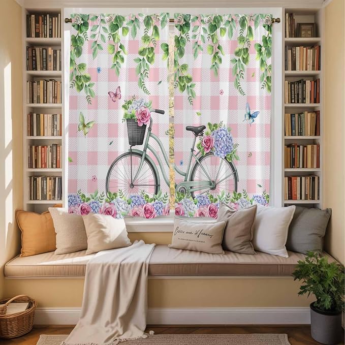 Spring Kitchen Curtains, Bicycles Leaves Butterfly Flowers Pink Buffalo Plaid
