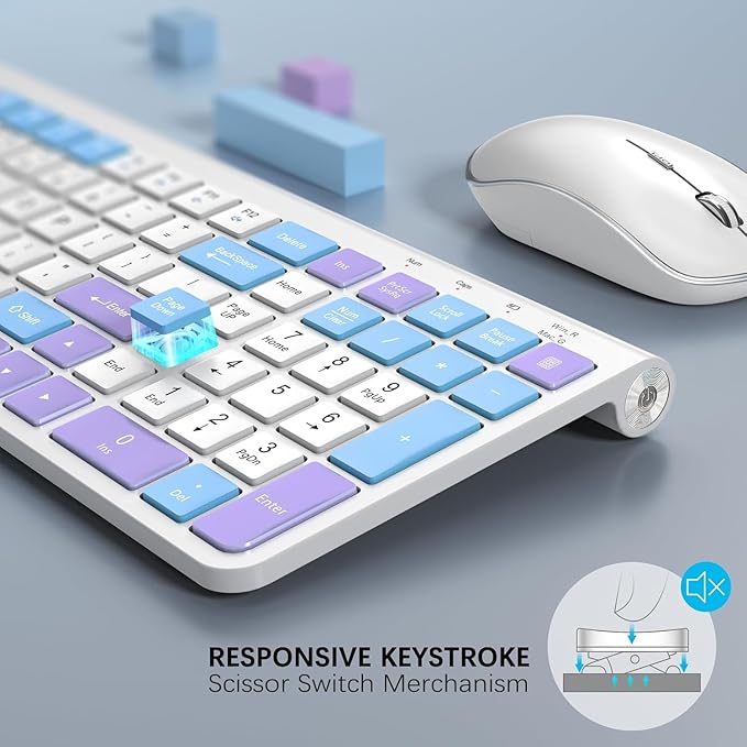JOYACCESS Wireless Keyboard and Mouse Combo, Typewriter Ergonomic Wireless Keyboard with Number Pad and Computer Mouse for PC Laptop Desktop Computer - Purple Blue