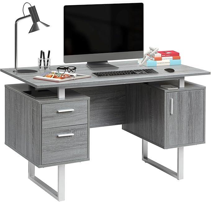 Techni Mobili Modern Office Desk with Storage, Gray
