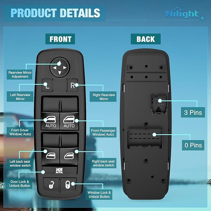 Nilight Power Master Window Switch Compatible with 2012 2013 2014 2015 2016 2017 Dodge Grand Caravan 2012-2016 Chrysler Town Country Control Replacement 3 PINS+0 PINS