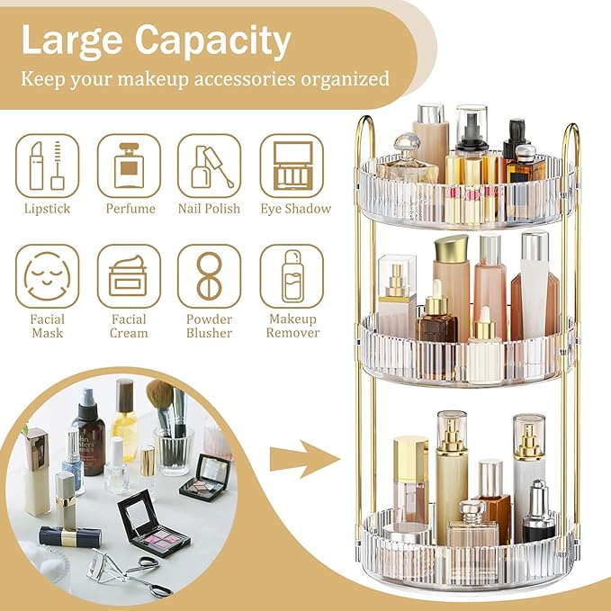 MOKANI 360 Rotating Makeup Organizer for Vanity, 3 Tier Adjustable Perfume Organizer for Dresser, Multi-Function Spinning Cosmetics Skincare Storage for Bedroom, Dresser, Countertop, Clear