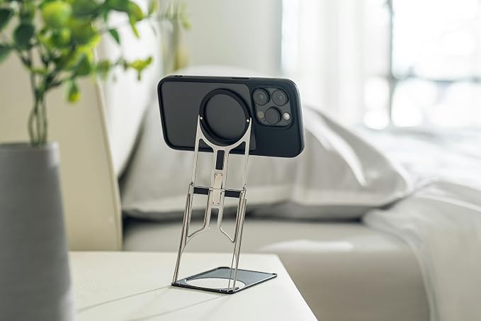 Ultra-Slim Metal Stand for iPhone – 0.1” Paper-Thin 2oz Lightweight 5 Height 3D Stepless Angle Adjustment Foldable Pocket-Size Kickstand MagSafe Compatible (Gray)