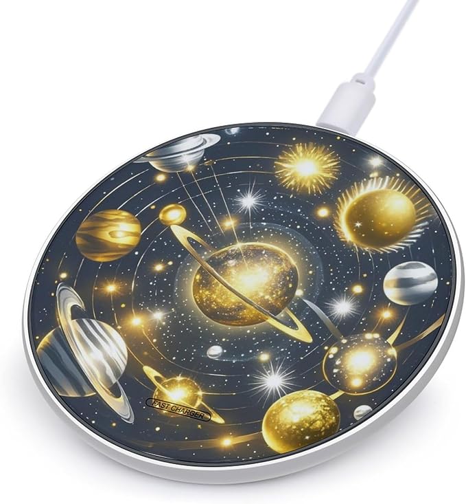 Gold and Silver Space Themed Wireless Charger Aluminum Alloy Frame 10W Fast Charging Pad with Indicator Light 6mm Thin &amp Portable Wireless Charging Pad for Travel Home Office Desk