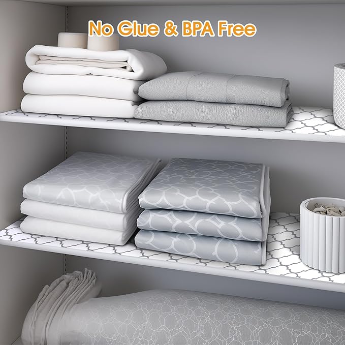 Shelf and Drawer Liner for Kitchen Cabinets Non-Adhesive, Strong Grip Non-Slip Thickened Cabinet Liners for Shelves, Waterproof Mats for Dresser Cupboard, White/Gray, 12 in x 30 Feet