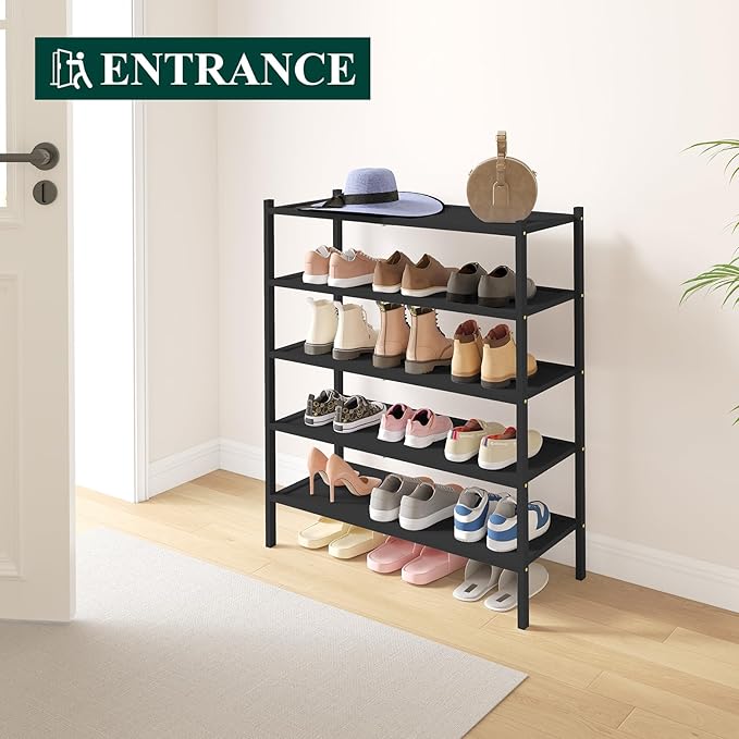 Smiry Bamboo Shoe Rack, 5 Tier Shoe Organizer for Entryway & Closet, Stackable Free Standing Storage Shelf for Shoes, Bags & Plants, Black