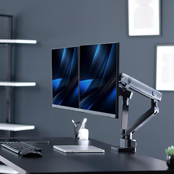 VIVO Premium Aluminum Full Motion Dual Monitor Desk Mount Stand with Lift Engine Arm, Fits Ultrawide Screens up to 35 inches, STAND-V102BB