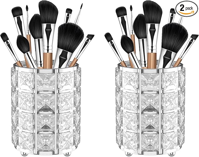 LUGUNU Makeup Brush Holder with Silver Crystal Bling – Elegant Vanity Organizer for Brushes, Pens & Pencils, Ideal for Bathroom or Office Countertop(2Pack)