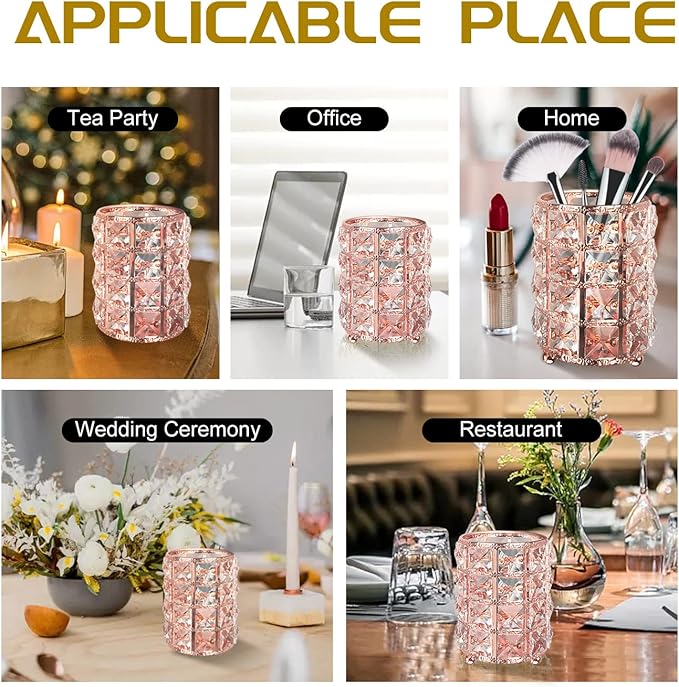 XB'ANG Flower Pattern Makeup Brush Holder Organizer Crystal Cosmetic Cup Eyeliners Eyebrow Pencil Storage Box Container Vanity Decor Accessories (Rose Gold)