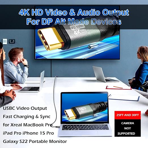 USB C to C Cable 15FT 4K60HZ GEN2x2(Data usb3.1)USB TYPE C Video Output From USB3.2/ USB4.0 (NOT 100% Fast Charging) &amp Sync for Xreal MacBook Pro iPad Pro iPhone 15 Pro Galaxy S22 Portable Monit