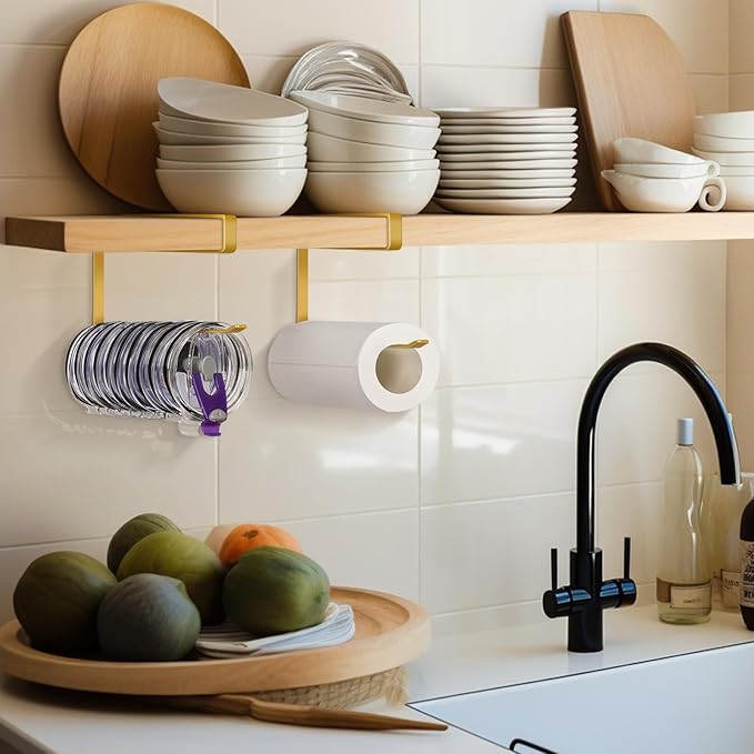 Tumbler Lid Organizer, Horizontal Tumbler Lid Storage Hook Up to 10 Lids, Space Saving Cup Lid Holders Under Cabinet Tumbler Lid Hook for Kitchen Organizer and Storage, Paper Towel Rack Hanger (Gold)