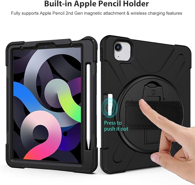 ProCase Rugged Case for iPad Air 11 inch (M2) 2024/ Air 5th / 4th Gen 10.9 Heavy Duty Shockproof Cover with Hand Strap 360 Degree Rotatable Kickstand -Black