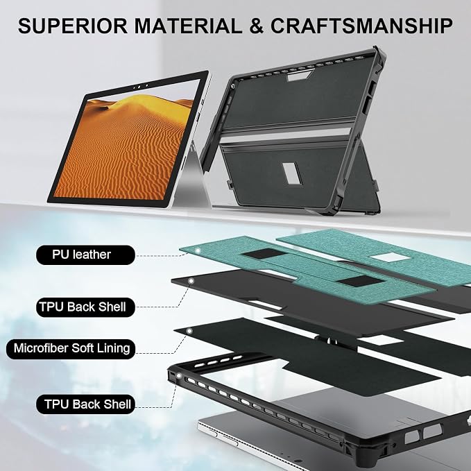 Case for 12.3 Microsoft Surface Pro 7+/7/6/5/4 Protective Rugged Cover Case with Surface Pen Holder and Hand Strap Compatible with Surface Pro Type Cover Keyboard (Black)