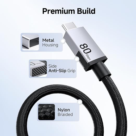 Cable Matters 80Gbps Rugged Braided USB4 Cable 1ft / 0.3m Black | [8K@120Hz / 4K@480Hz Video 240W Charging 80Gbps Data Transfer] Thunderbolt 5/4 Compatible