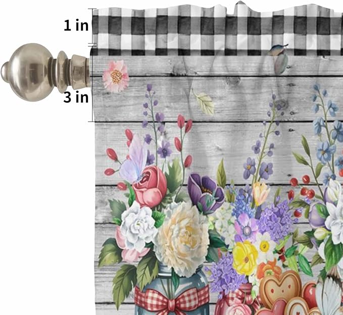 Kitchen Curtains Tiers and Valance Set of 3, Spring Flowers Light Filtering