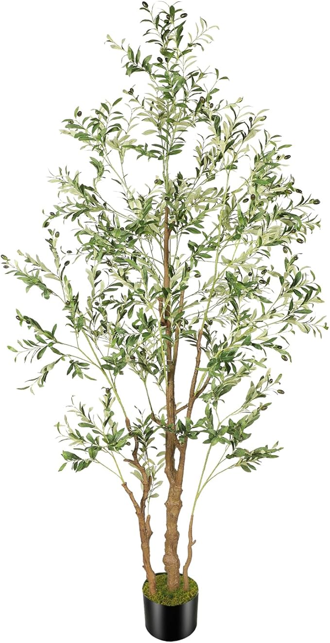 8.2ft Artificial Olive Tree (96in) with Plastic Nursery Pot Faux Olive Silk Tree, Fruits Fake Plant for Office House Farmhouse Living Room Home Decor (Indoor/Outdoor)