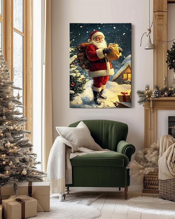 Vintage Santa Claus Christmas Canvas Wall Art - Festive Holiday Painting for Living Room,Bedroom & Bathroom, Cozy Winter Decor Framed Print, Perfect Christmas Gifts & Home Decoration