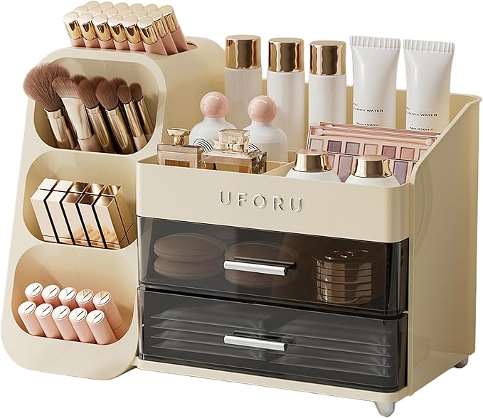 Makeup Organizer for Vanity with Brush Holder, Countertop Organizer with 2 Drawers, Spacious Cosmetic Display Case for Beauty Essential, Skincare, Lipstick