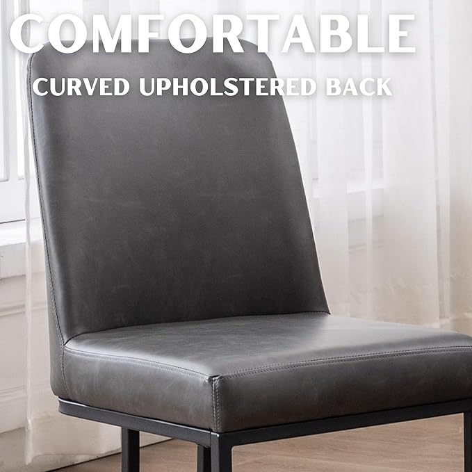 Charcoal PU Leather Dining Chairs Set of 6 Mid Century Modern Comfortable Dining Room Chair with Curved Backrest, Upholstered Kitchen Side Chairs with Black Metal Legs