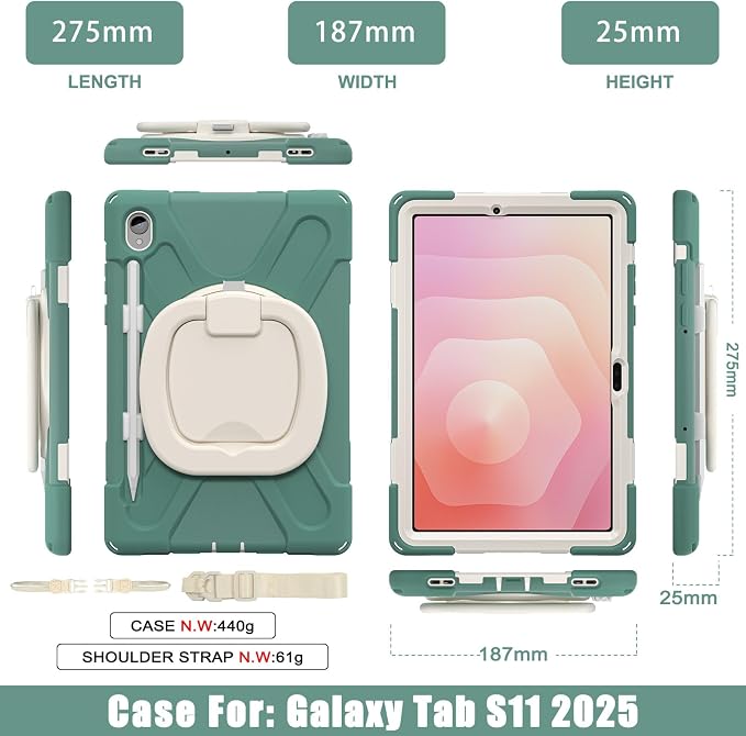Batianda Heavy Duty Case for Samsung Galaxy Tab S11 2025 11 Inch with 360° Rotating Ring Stand &amp Shoulder Strap Built-in S Pen Holder Shockproof Rugged Multi-Layer Protective Cover Black