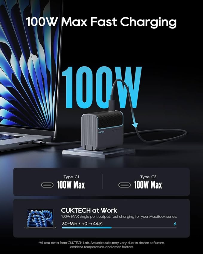 CUKTECH 100W GaN USB C Fast Charger 3-Port Wall Charger Compact Fast Charging Block Foldable Power Adapter for MacBook Pro/Air iPhone 17/16/15 Galaxy S24 Pixel Steam Deck with 240W Cable