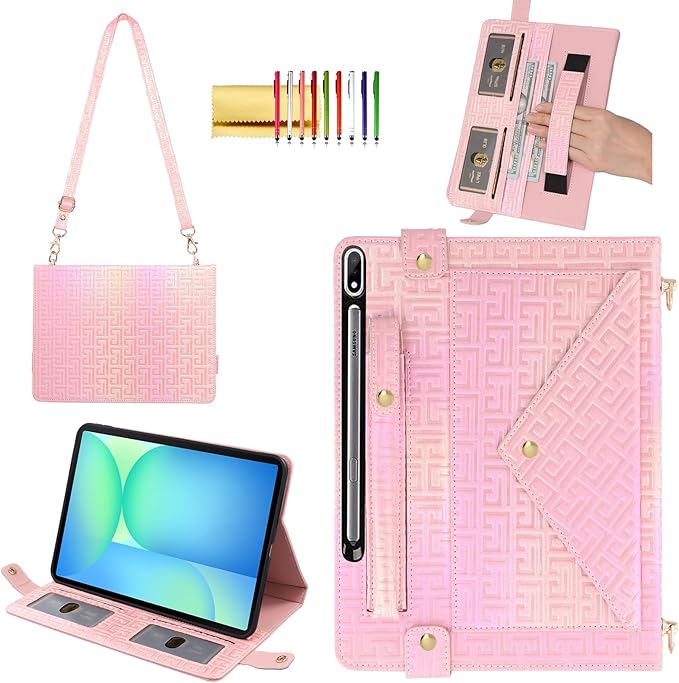 Handbag Case for Samsung Galaxy Tab S10 FE/S9 FE 10.9/S9/S8/S7 11 Techcircle Folio Stand Crossbody Wallet Protective Cover with S Pen Holder &amp Card Slots Hand Strap &amp Shoulder Strap Black