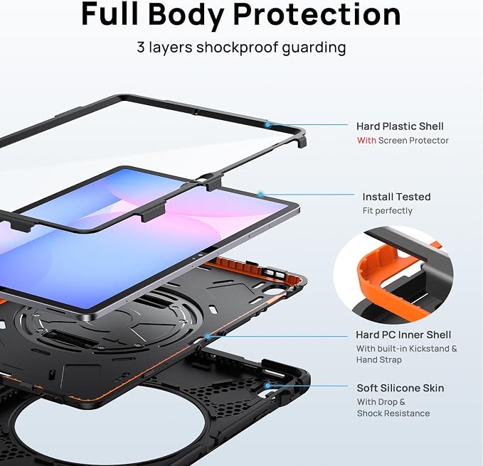 Gerutek Case for Samsung Galaxy Tab S10 FE+/ S10 FE Plus 2025 13.1 Inch Full-Body Drop Protective Case with Screen Protector Pen Holder 360° Rotate Hand Strap &amp StandShoulder Strap Black