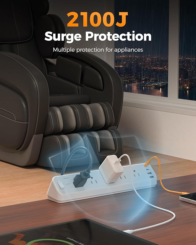 Desk Clamp Power Strip 10 Ft, TESSAN 2100J Surge Protector Desk Charging Station, 5 Outlets with 4 USB Ports (2 USB C), Flat Plug Extension Cord with Multiple Outlets for Gaming Home Office Dorm Room