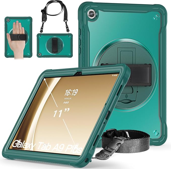 Junfire Clear Case for Samsung Galaxy Tab A9 Plus 11-inch 2023 Shockproof Slim Hard Case for Galaxy Tab A9+ with 360°Rotating Kickstand/Hand Strap/Shoulder Strap-Black