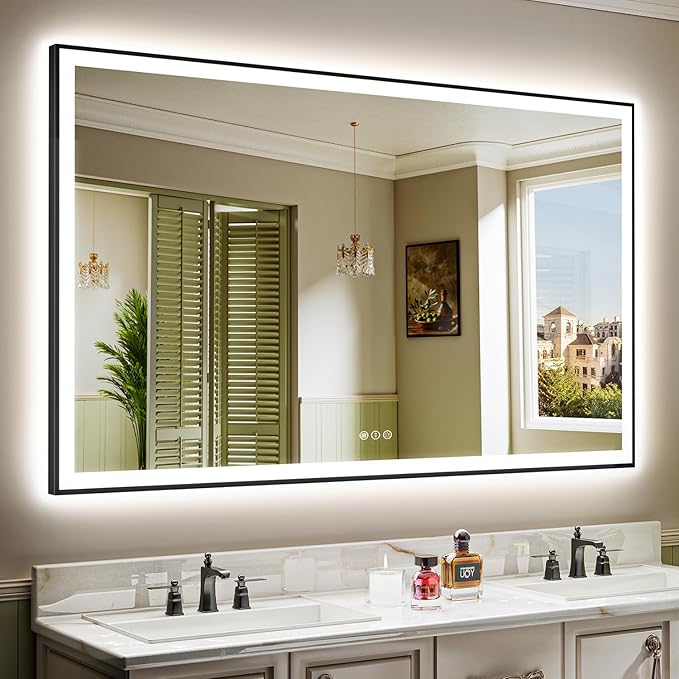 YEELAIT 66x40 Inch LED Bathroom Mirror with Lights (Front Lit and Backlit) Black Framed Lighted Vanity Mirror for Bathroom Wall Dimmable Anti-Fog Memory Tempered Glass Horizontal/Vertical