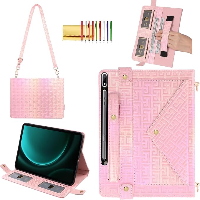 Handbag Case for Samsung Galaxy Tab S10 FE/S9 FE 10.9/S9/S8/S7 11 Techcircle Folio Stand Crossbody Wallet Protective Cover with S Pen Holder &amp Card Slots Hand Strap &amp Shoulder Strap Black