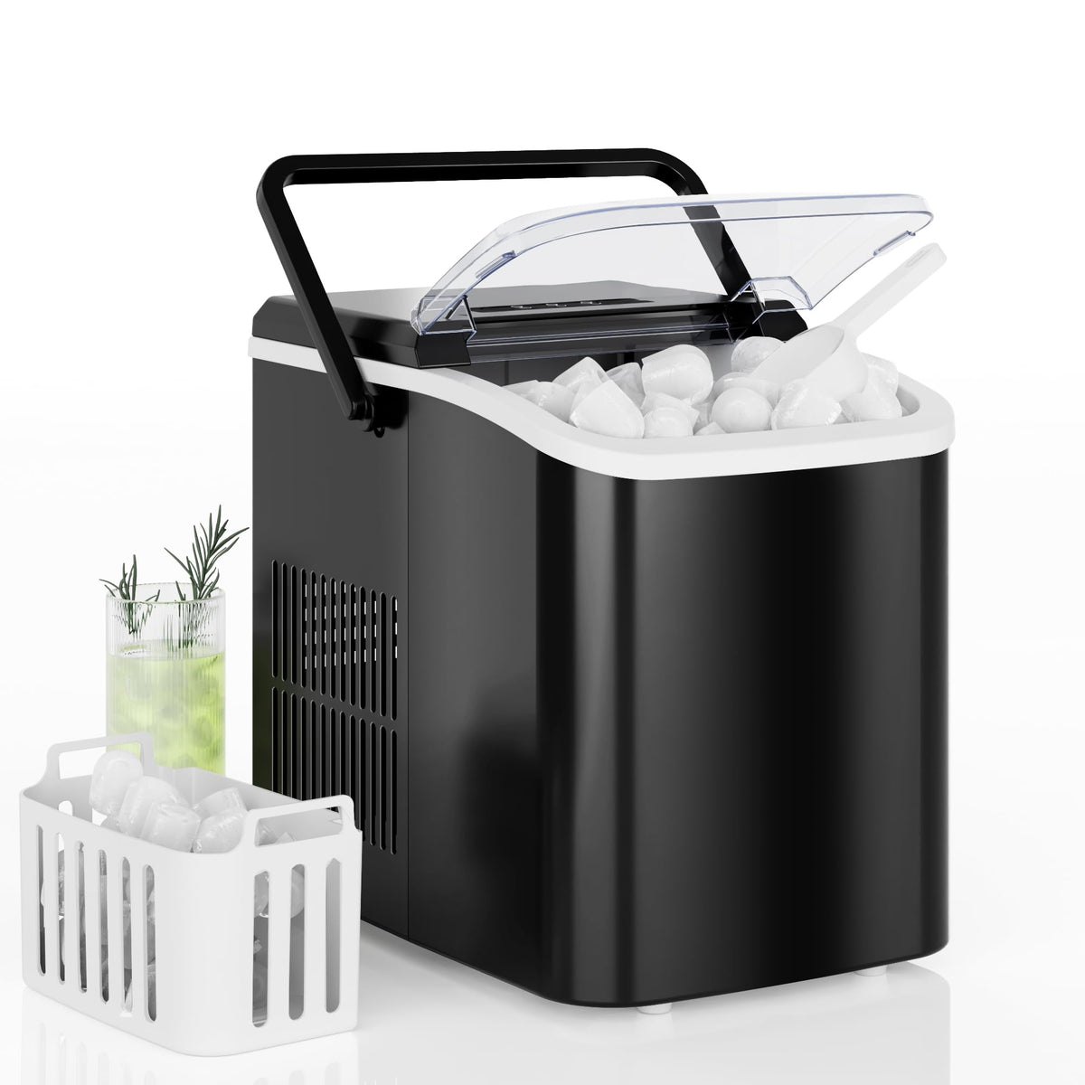 DUMOS Countertop Ice Maker with Handle, 26lbs/24H Portable Ice Machine, 9 Bullet Ice Cubes Ready in 6 Mins, Self-Cleaning, Quiet Compact Ice Maker for Home, Kitchen, RV, Camping, Black