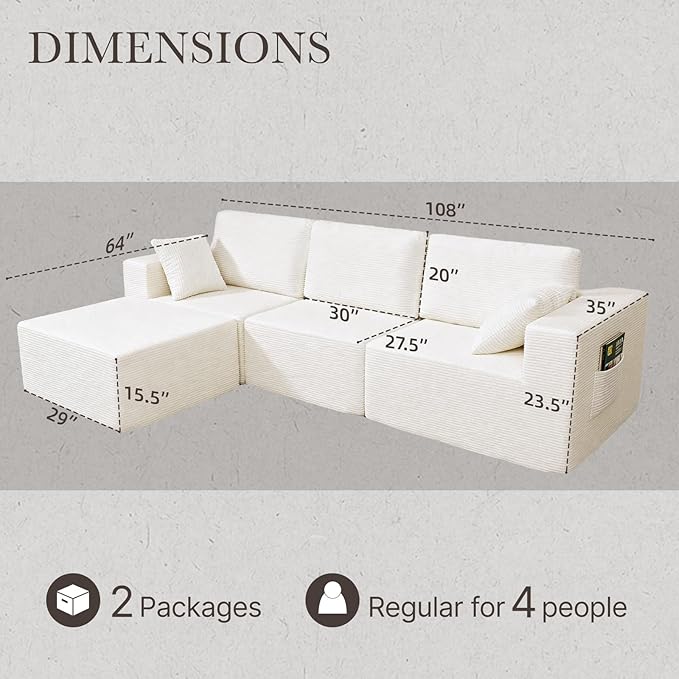 108” Modular Sectional Sofa Couch with Ottoman, 3-Seater Boneless Couch, L Shape Sectional Sofa Compressed Sofa for Living Room Bedroom, No Assembly Needed (White, 3 Seats+1 Ottoman)