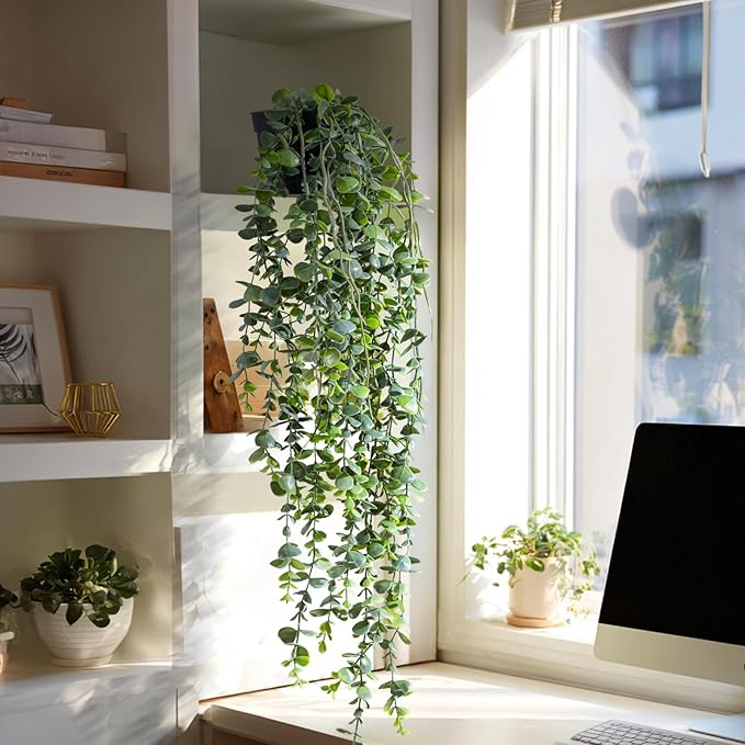 Artificial Hanging Plant 2 Pcs Faux Plant Ivy Vine Faux Eucalyptus Vines Fake Potted Greenery for Wall Living Room Home Shelf Office Bathroom Outdoor Indoor Decor (Type 6)