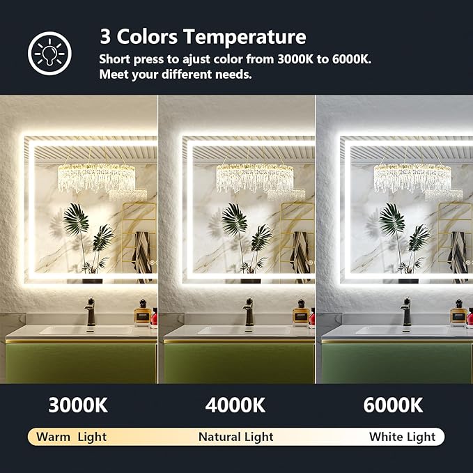 YEELAIT 66x40 Inch LED Bathroom Mirror with Lights Front and Backlit Lighted Vanity Mirror for Bathroom Wall with 3 Colors Dimmable Anti-Fog Memory Shatter-Proof IP54 Waterproof Horizontal/Vertical