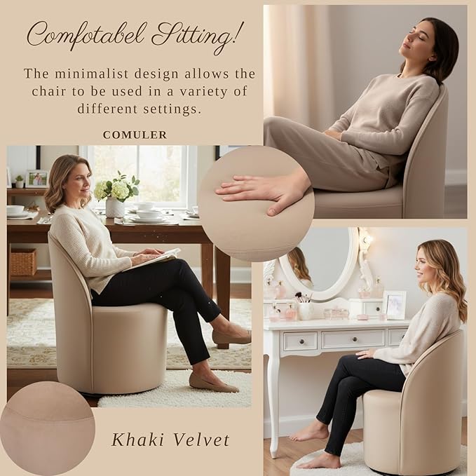 Modern Barrel Chair Swivel Base Khaki Accent Chair 360°Rotating Vanity Chair Mid-Century Dining Side Chair Kitchen Chair for Living Room, Bedroom, Home, Office, Kitchen