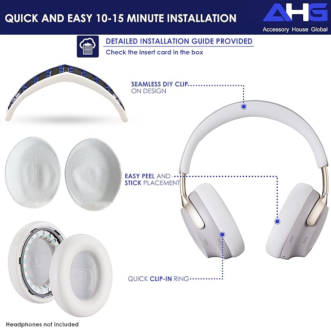 QC Ultra Replacement Ear pad and Headband Pad Kit Cushion Compatible with Bose QuietComfort Ultra Wireless Headphones. (AHG-QUIETCOMFORT-Ultra-Combo-White-Smoke)