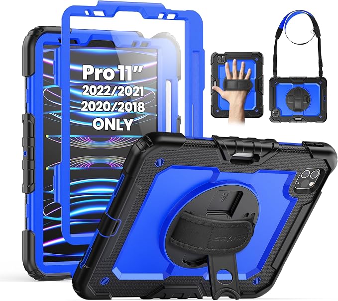 SEYMAC Case for iPad Pro 11 4th/3rd/2nd/1st Gen 2022-2018 Black | Full-Body Shockproof Protective Built-in Screen Protector 360° Rotating Stand Hand/Shoulder Strap Pencil holder