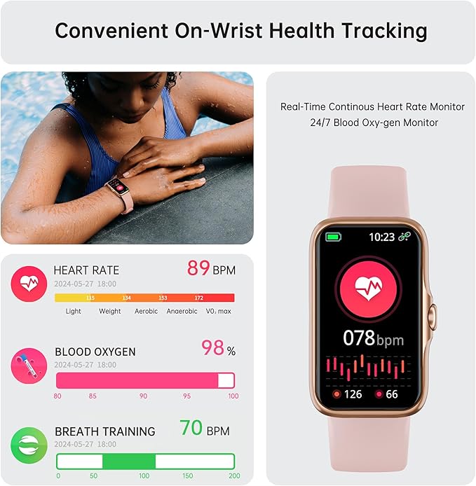 Sunorshop Health Fitness Tracker, Smart Watch with 24/7 Heart Rate and Blood Oxygen Monitor, Sleep Tracker with IP68 Waterproof, Activity Tracker Pedometer Step Counter for Women Men (Deep Pink)