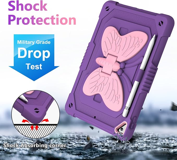 VOFUOE for iPad 9th 8th 7th Generation Case with Screen Protector Butterfly Stand Shoulder Strap Keychain Pencil Holder for iPad 10.2 Hard Cover Kids Girls for iPad 9th/8th/7th(2021/2020/2019)-Purple
