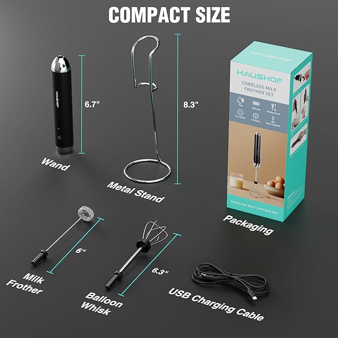 HAUSHOF Rechargeable Milk Frother with Stand, Powerful Handheld Electric Foam Maker, Drink Mixer with 2 Detachable Stainless Steel Whisks, 2-Speed for Coffee, Cappuccino, Matcha, Latte