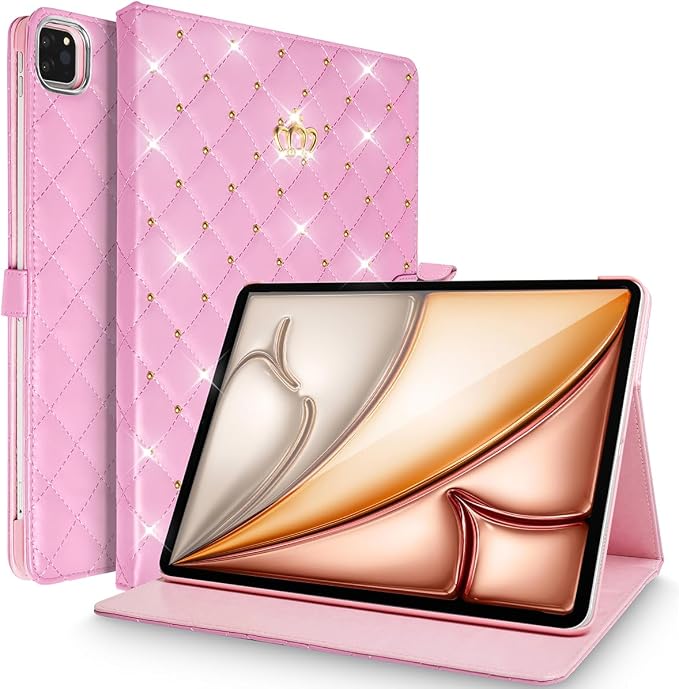 for iPad Air 13 Inch M4/M3/M2 (2026/2025/2024) Smart Case Auto Wake/Sleep Shockproof PU Leather Girls Woman Flip Magnetic Cute Crown Diamonds Kickstand Folio Cover for iPad Air 13 Black