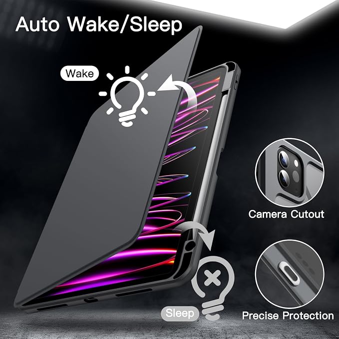 JETech Rotating Case Cover for iPad Pro 11 4/3 Black | For 2022/2021 Model 360° Rotation Stand Clear Back Design Auto Wake/Sleep Pencil Holder Full Protection