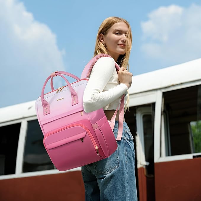 LOVEVOOK Gradient Laptop Backpack for Women,15.6 Inch Work Computer Bakcpack Purse Laptop Bag With Anti-Theft Pocket,Waterproof Carry on Teacher College Backpack for Travel,Pink-White