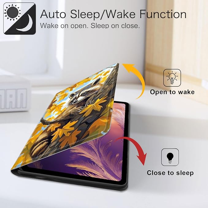 for iPad 11th Generation (A16 2025) 11 / iPad 10th Gen 10.9 2022 Case 360° Rotating PU Leather Stand Cover with Auto Sleep/Wake Shockproof TPU Backl Raccoon Perched